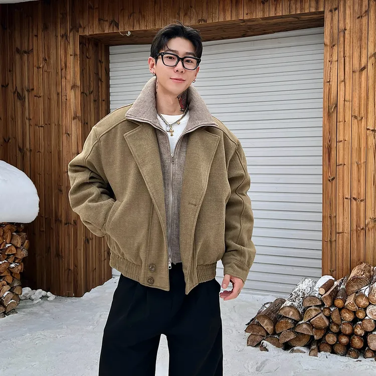 OXFREAK「羊毛混纺 老钱风」针织假两件毛呢棉服男高级感外套冬季