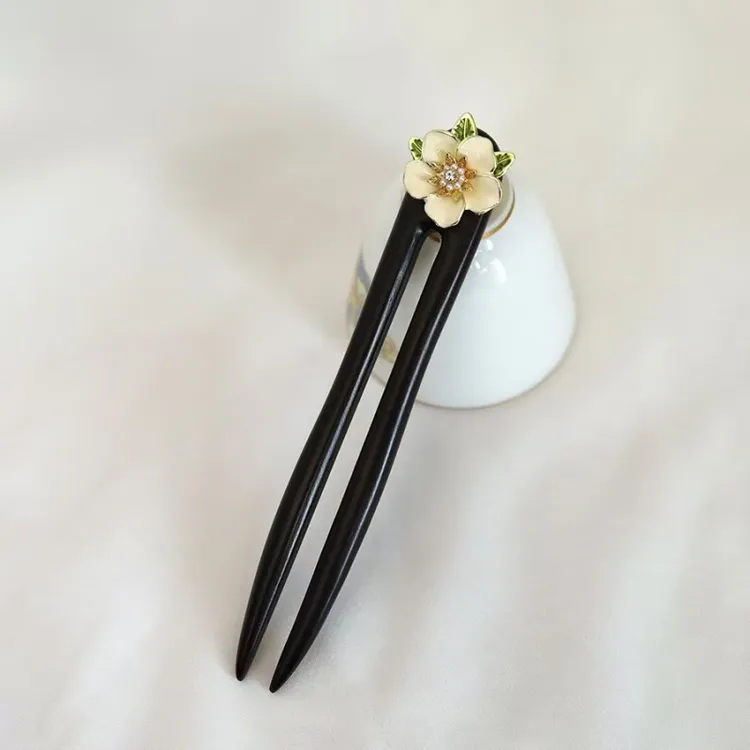 诗泊雅 [山茶花]黑檀木发簪钗子U型盘发古风典中式旗袍汉服饰