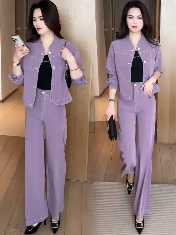 时尚休闲套装女春秋新款洋气减龄显瘦立领牛仔短外套阔腿裤两件套