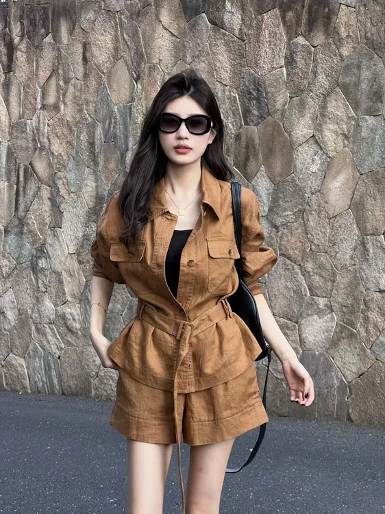 【孙钰颍】落日余晖100亚麻套装中袖收腰显瘦显白气质老钱分夏季