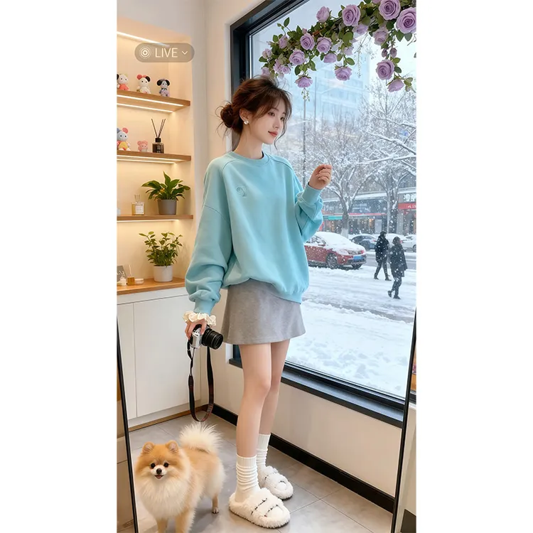 韩系清新流行穿搭薄荷蓝圆领卫衣女秋季长袖宽松百搭洋气两件套