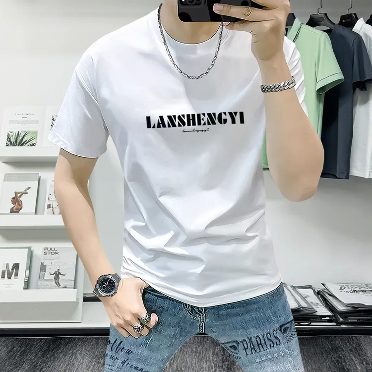蓝晟依短袖男t恤新款夏季潮牌男装字母印花半袖体恤衫修身圆领白T