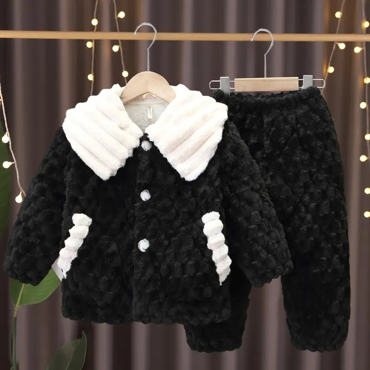 儿童冬季法兰绒睡衣加绒加厚女童家居服套装学生三层夹棉珊瑚绒