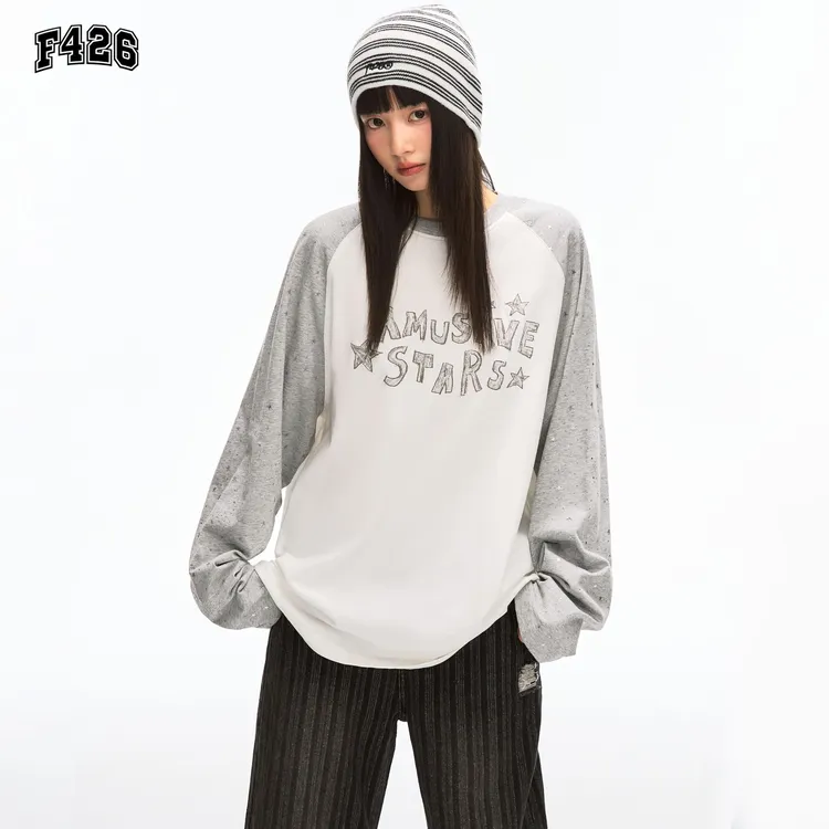 F426国潮牌夏季新款美式衣服星星拼接撞色插肩袖长袖罩衫t7157 XH