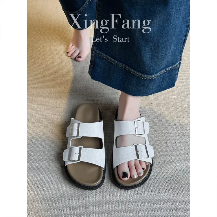 牛皮版~夏季新款平底一字度假沙滩凉拖鞋女复古厚底皮带扣勃肯鞋