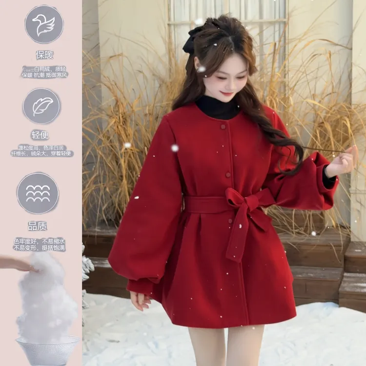 【白鸭绒】圆领灯笼袖羽绒外套2025冬装韩系好看小个子系带保暖显瘦