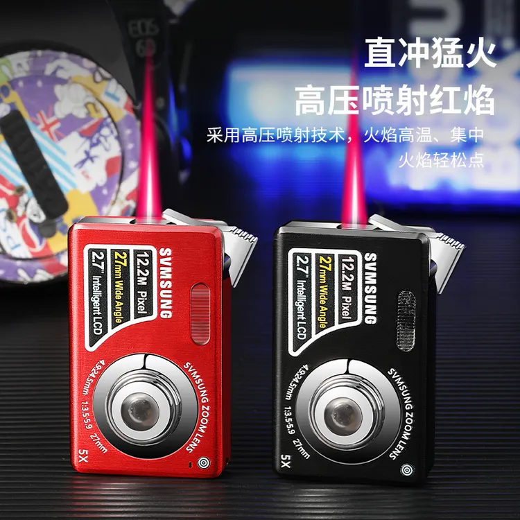 新款创意个性带照明灯防风红焰直冲打火机时尚新颖照相机造型