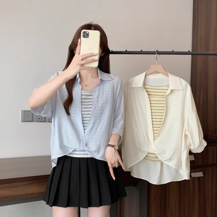 大码胖mm设计感扭结假两件背心衬衫女宽松慵懒风显瘦休闲短袖上衣