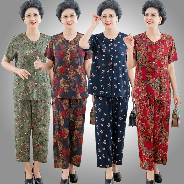 中老年妈妈夏装70岁奶奶休闲套装老太太开衫短袖圆领人造棉两件套