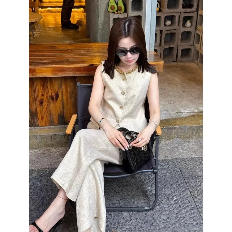 【刘伊朵】【两件套】老钱风套装轻奢夏季马甲背心阔腿裤两件套D3026