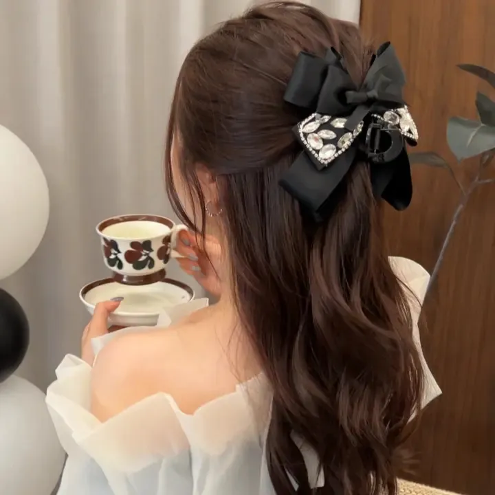 Q高级感黑色 闪钻多层蝴蝶结抓夹女时尚轻奢后脑袋盘发鲨鱼夹发卡