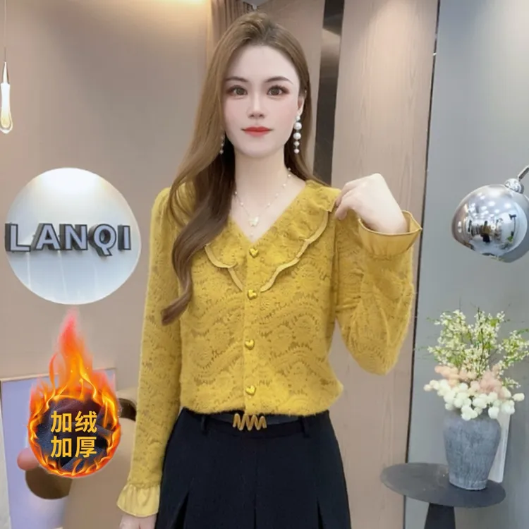 A8912法式气质V领蕾丝衫女士新款百搭打底衫甜美减龄洋气上衣