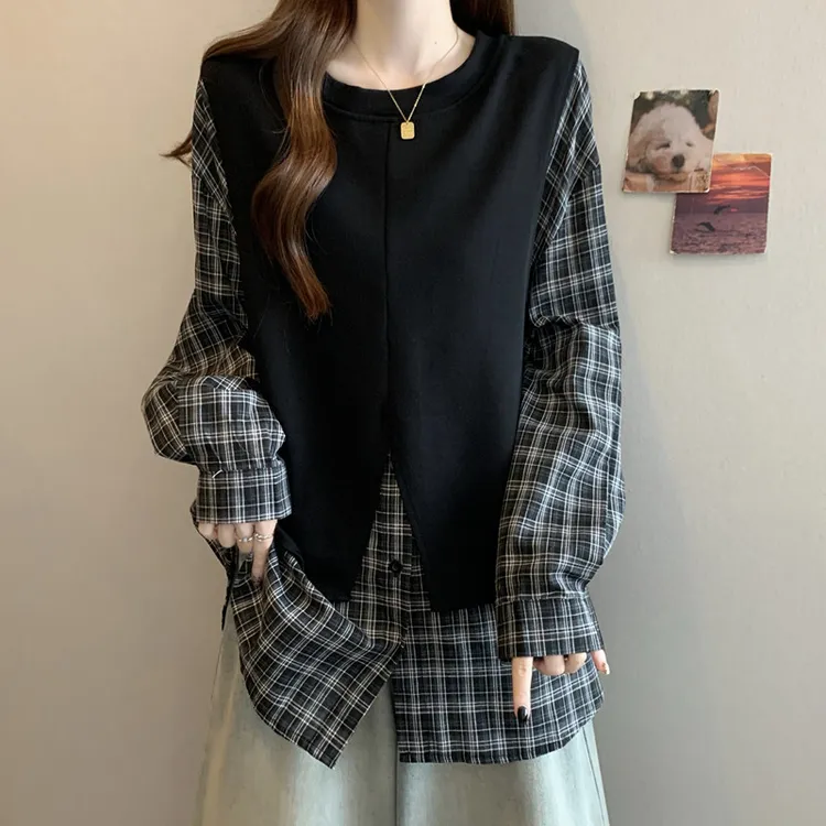 大码女装遮肚子假两件格子长袖衬衫女春秋胖妹妹洋气百搭正肩上衣