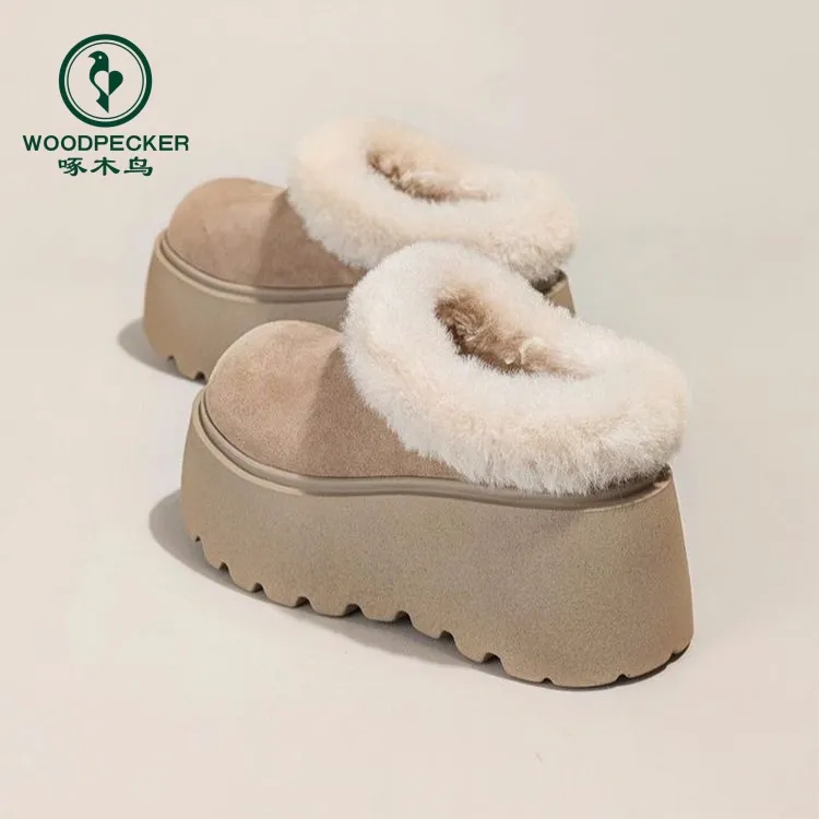 啄木鸟厚底勃肯鞋女加绒雪地靴包头半拖鞋2025新款秋冬毛毛棉拖鞋
