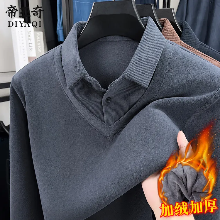 爸爸冬装加绒加厚毛衣中老年男装假两件衬衫领保暖打底衫爷爷上衣