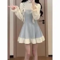 现501#甜美温柔风假两件连衣裙秋新款小个子穿搭收腰显瘦减龄短裙