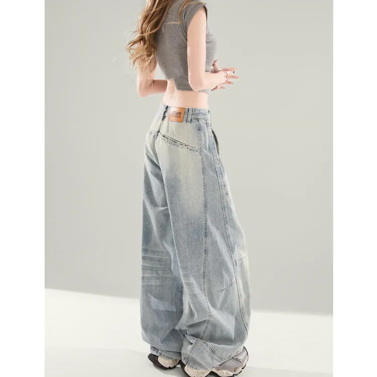 大码浅色复古水洗高腰阔腿裤2025春季新款宽松显瘦垂感弯刀牛仔裤