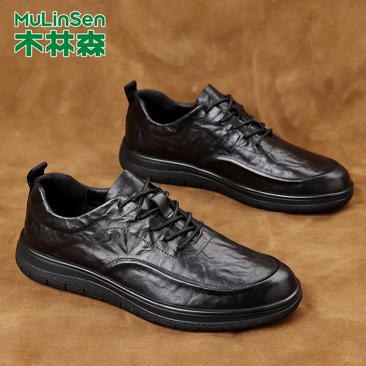 木林森头层牛皮鞋男款2025秋冬新款黑色商务休闲鞋子英伦真皮男鞋