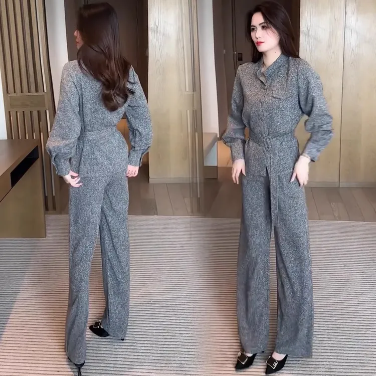 时尚套装女2025春季新款洋气质减龄显瘦收腰立领上衣阔腿裤两件套