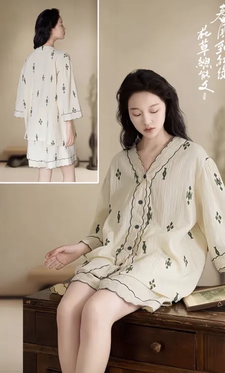 皇子精选｜族玛士夏季薄款纯棉纱布刺绣女士睡衣短袖短裤