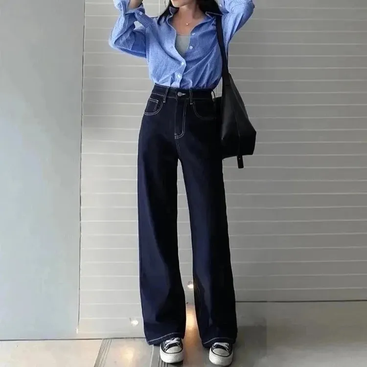 2025丹宁蓝提臀海鸥线新款高腰宽松百搭拖地直筒阔腿裤女显瘦