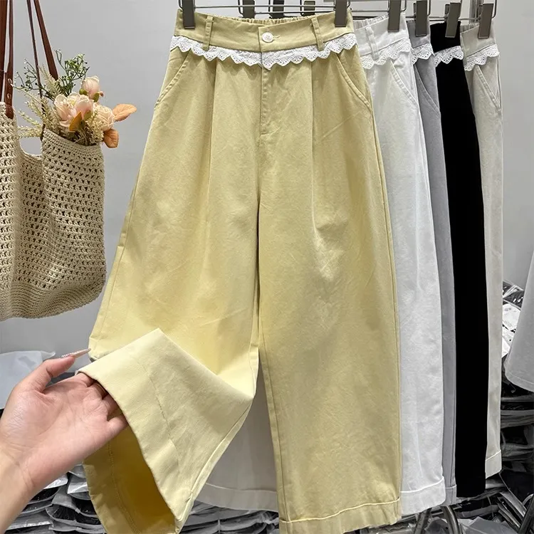 松紧高腰蕾丝花边阔腿裤女春季2025新款宽松显瘦直筒裤休闲裤长裤