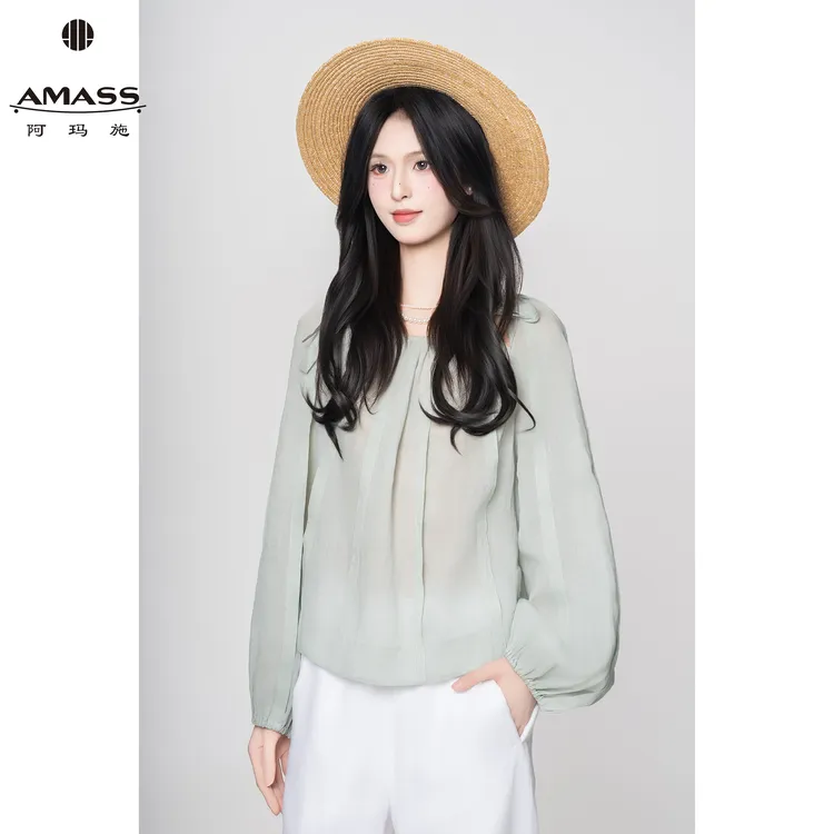 AMASS/阿玛施夏季新款时尚休闲百搭圆领苎麻绑带长袖衬衫 5300847