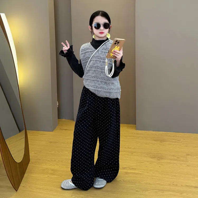 女童2025新款韩版潮范打底衫镂空时尚马甲休闲宽松波点阔腿裤套装