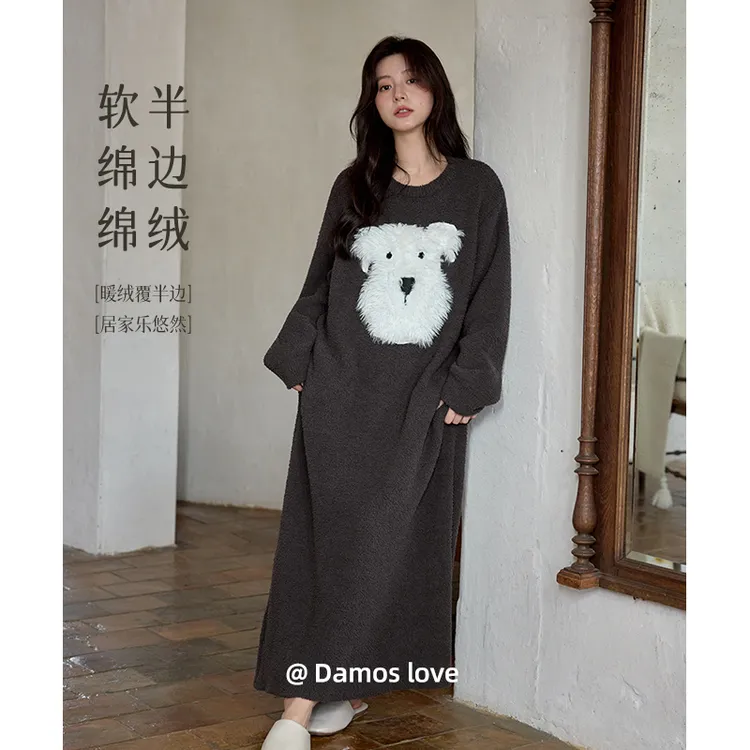 黛梦思新款半边绒睡裙女秋冬季加厚保暖家居服甜美柔软珊瑚绒睡衣
