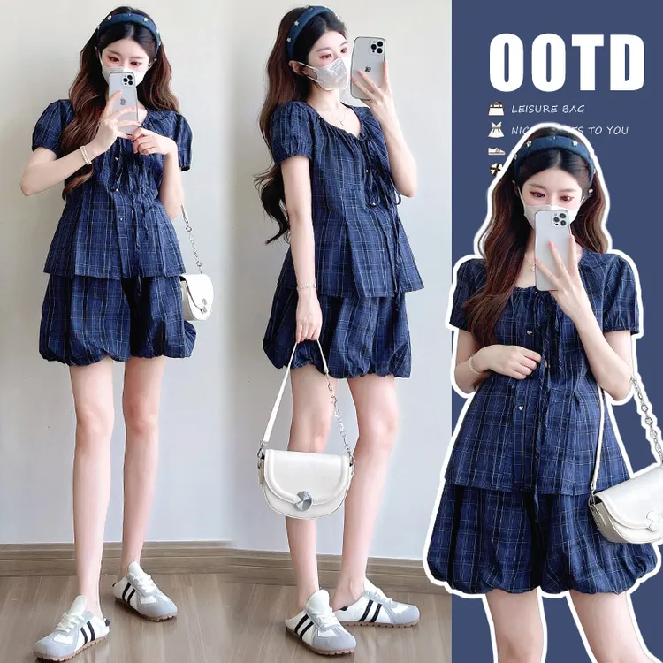 夏季新款孕妇套装韩系时尚减龄格纹短袖娃娃衫高腰抽绳花苞短裤子