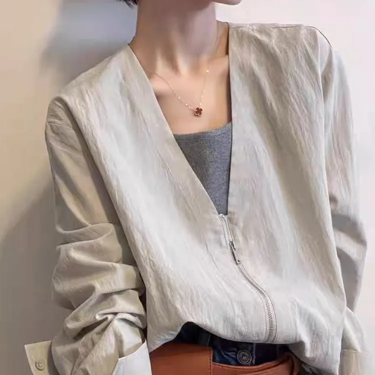 长袖休闲衬衫女欧洲站2025秋季时尚拼接V领拉链宽松假两件衬衣潮