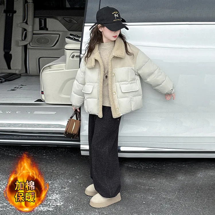 女童棉服冬季2025新款韩系大儿童装拼色保暖毛领加厚皮毛一体外套
