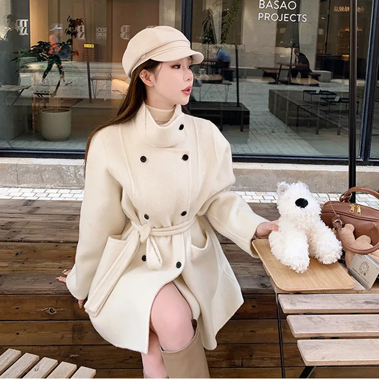 白色双面呢子大衣女2025秋冬季新款高级感立领短款小个子毛呢外套