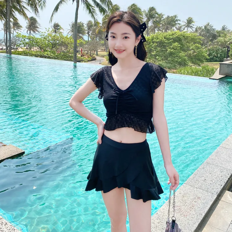 分体两件套泳衣女士纯色小清新少女显瘦泳装荷叶边网红游泳衣