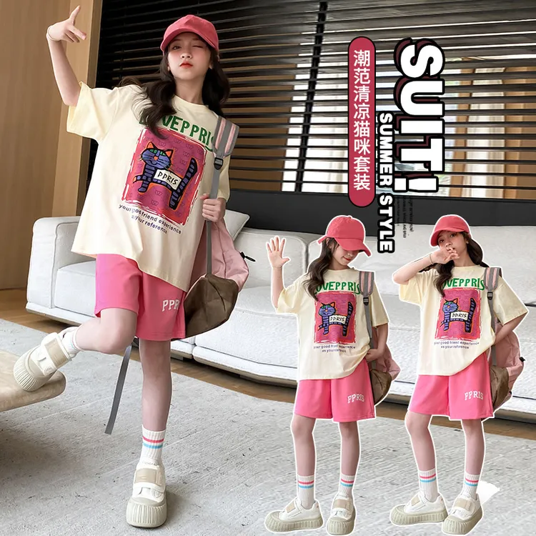女童夏季短袖套装2025新款女大童夏装韩版T恤短裤儿童运动两件套