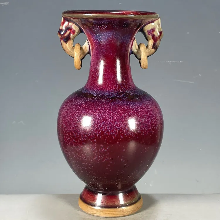 钧瓷花瓶窑变红双耳瓶
