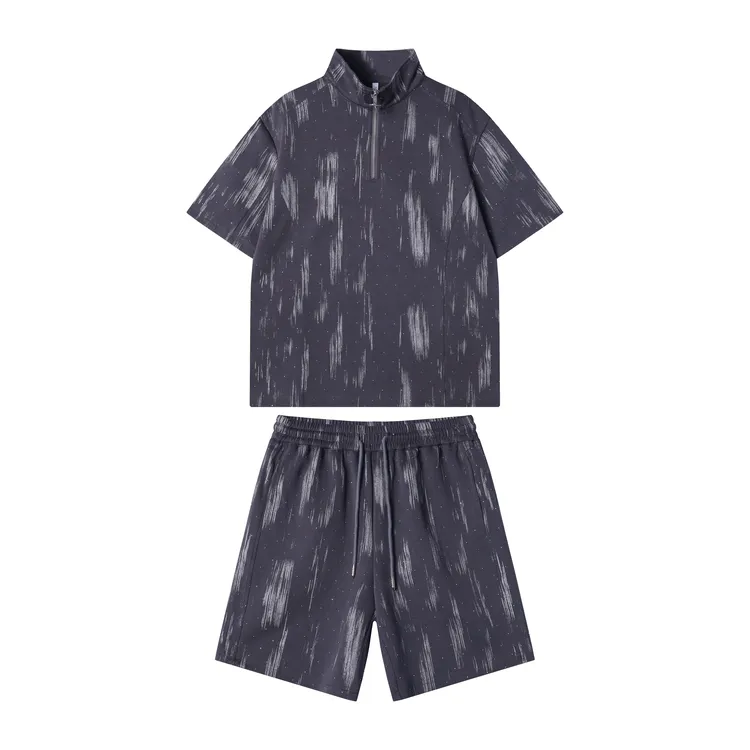 夏季高级感新款韩版简约撞色烫钻半拉链短袖T恤松紧短裤休闲套装