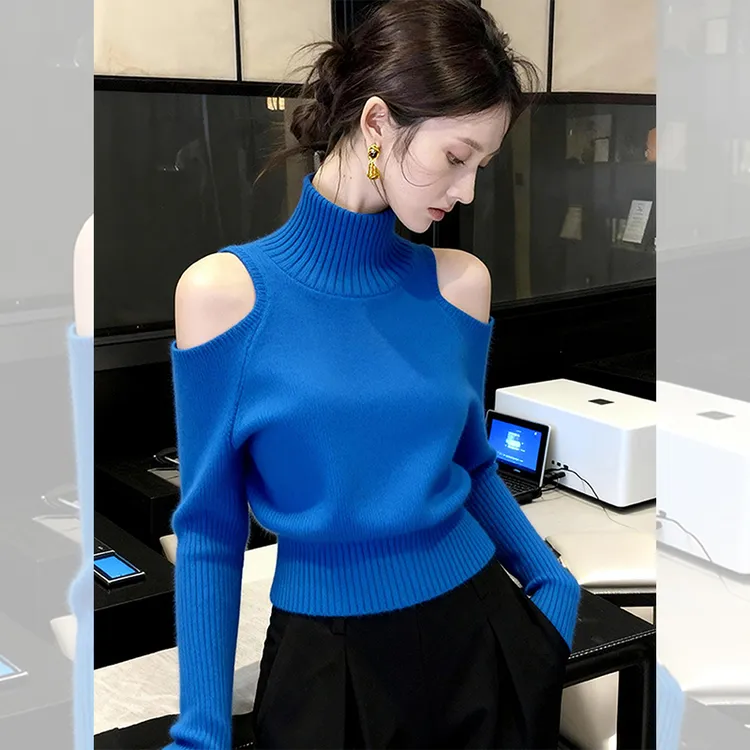 独特漂亮内搭小衫蓝色高领毛衣洋气高贵打底针织衫露肩上衣女秋冬