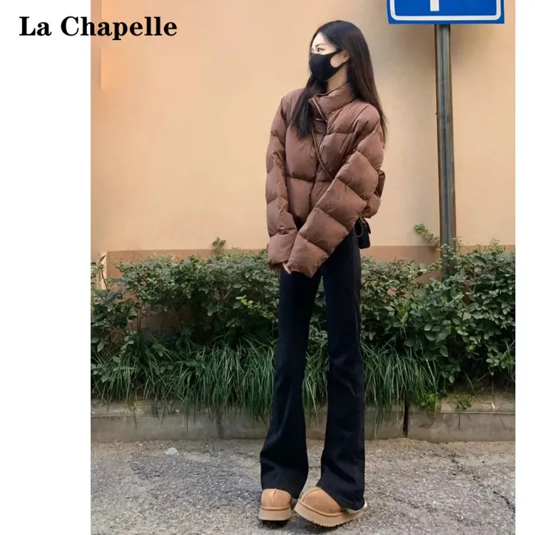 拉夏贝尔加绒黑色高腰微喇牛仔裤女cleanfit冬季弹力显瘦喇叭裤子