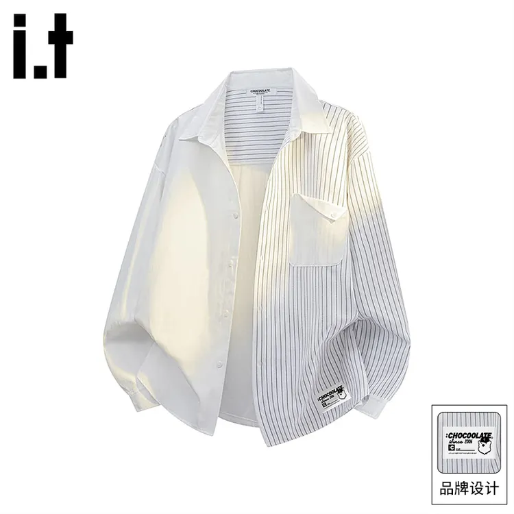 it:CHOCOOLATE 春秋季新款日系通勤条纹休闲衬衫男士潮牌宽松外套