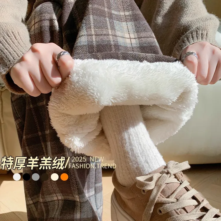 加绒加厚格子裤女裤秋冬复古直筒宽松毛呢阔腿裤外穿羊羔绒棉裤子