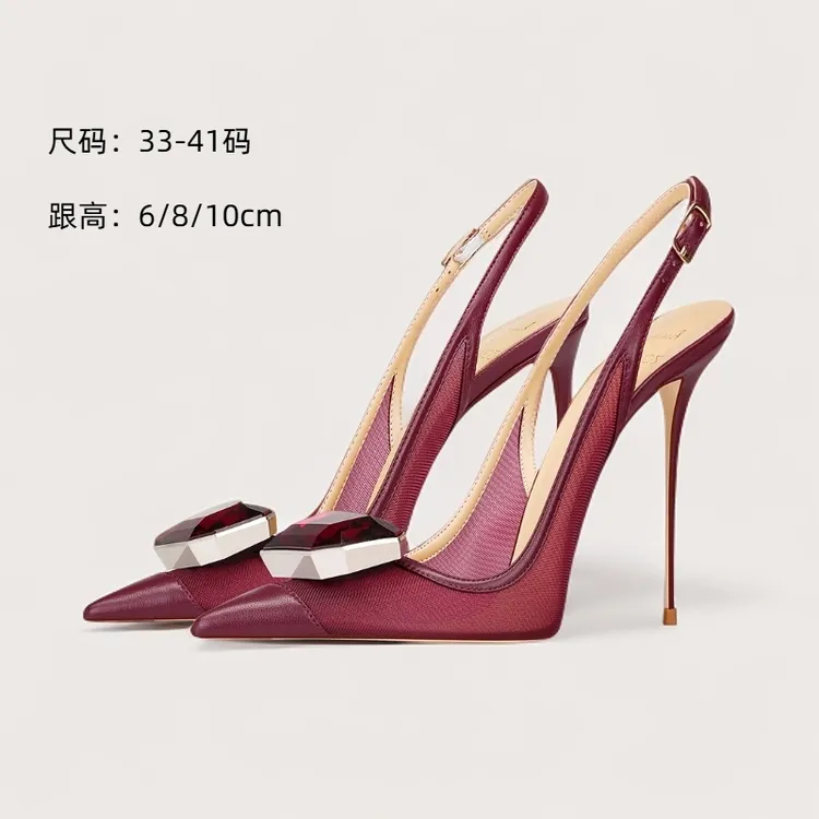爆款水钻后空细跟高跟鞋法式尖头网纱御姐酒红优雅包头纯欲风单鞋