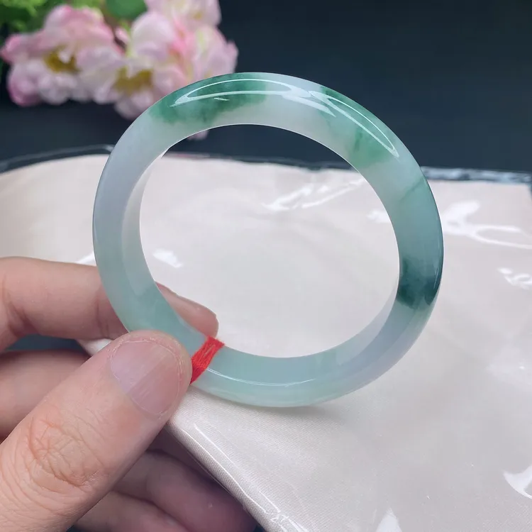 621 缅甸天然翡翠A货手镯 55圈冰润飘花正圈玉镯宽边平安翡翠手镯