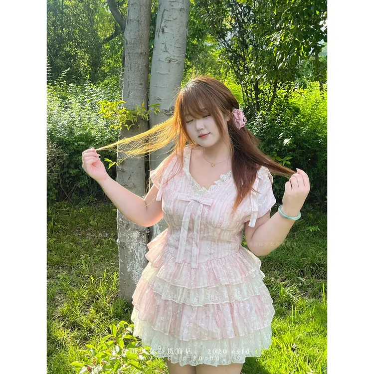 春田少女 原创夹竹桃连衣裙蕾丝女夏季蝴休闲系红色蕾粉色刺绣