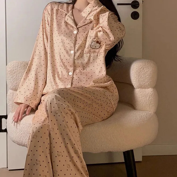 kt猫睡衣女款2025春秋季卡通波点冰丝亲肤长袖家居服直播热销套装