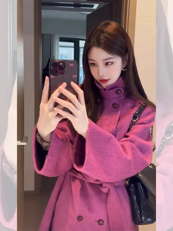 玫红色双面羊毛呢子大衣秋冬新款潮牌女装大衣女款爆款毛呢中长款