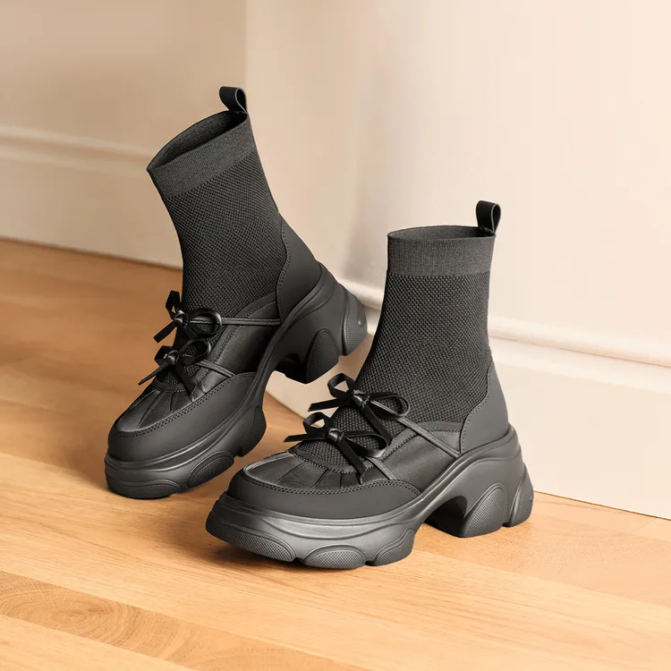 TATA他她厚底女鞋加绒瘦瘦弹力袜靴短靴