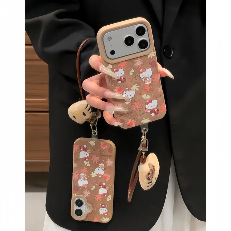 雅天立早秋枫叶KT猫挂绳适用苹果17手机壳16/15女华为vivoppo小米