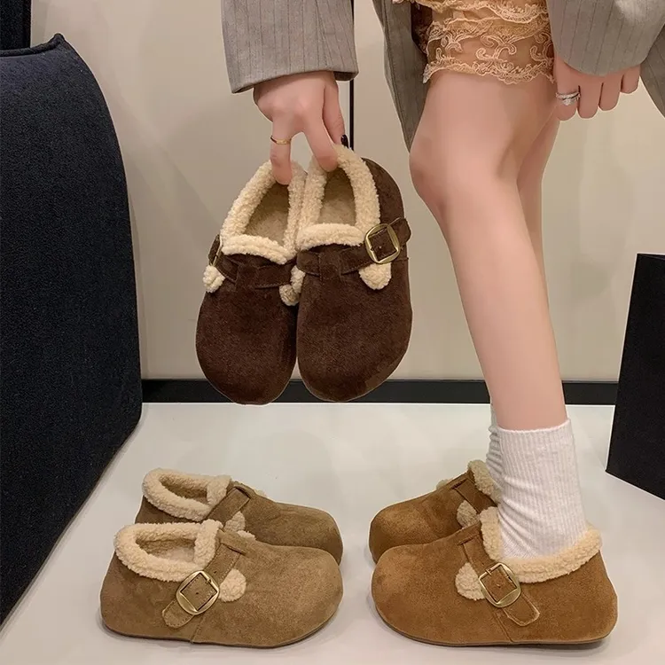 厚底加绒全包勃肯鞋女2025新款冬毛毛鞋一脚蹬乐福豆豆保暖雪地靴