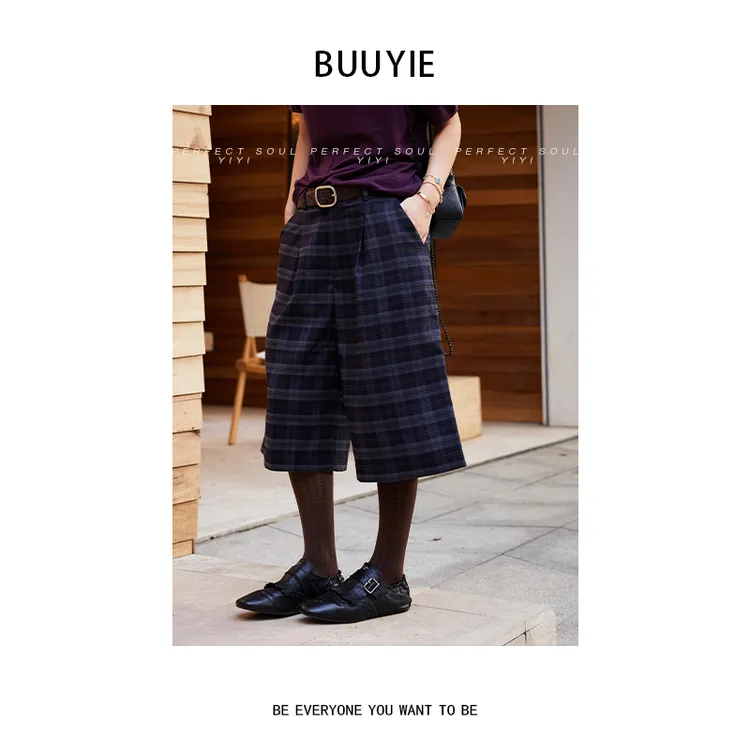 BUUYIE 秋冬新款极简风显瘦设计感七分直筒阔腿休闲裤 2470483